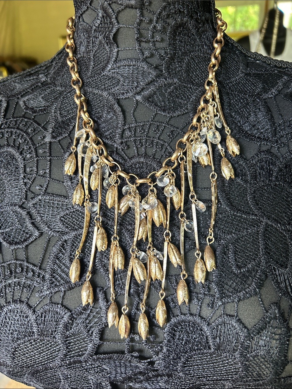 J. Crew 2012 Large Flowering Vine Necklace Gold Tassel Fringe Pendant